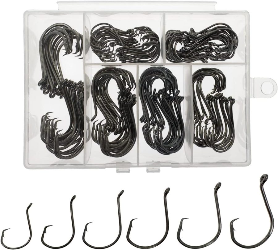 Fishing Hooks Saltwater, 160PCS Circle Hooks Saltwater, Fish Hooks for Fishing Gear Tackle, Catfish Octopus Hook #1 1/0 2/0 3/0 4/0 5/0 6/0 8/0 Black High Carbon Steel with Portable Plastic Box