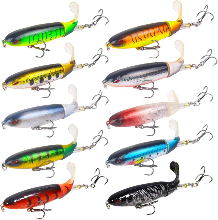 10Pcs  Fishing Lure for Bass Popper Top Water Fishing Lures with Floating Rotating Tail Barb Treble Hooks in Saltwater Freshwater Plopping Lures Kit